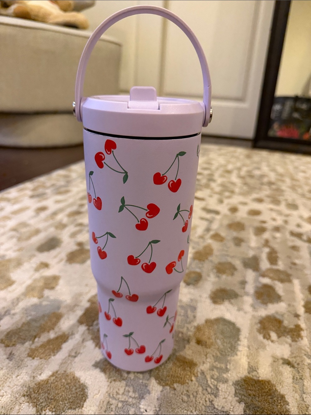 Cherry Print Pink Travel Tumbler with Handle